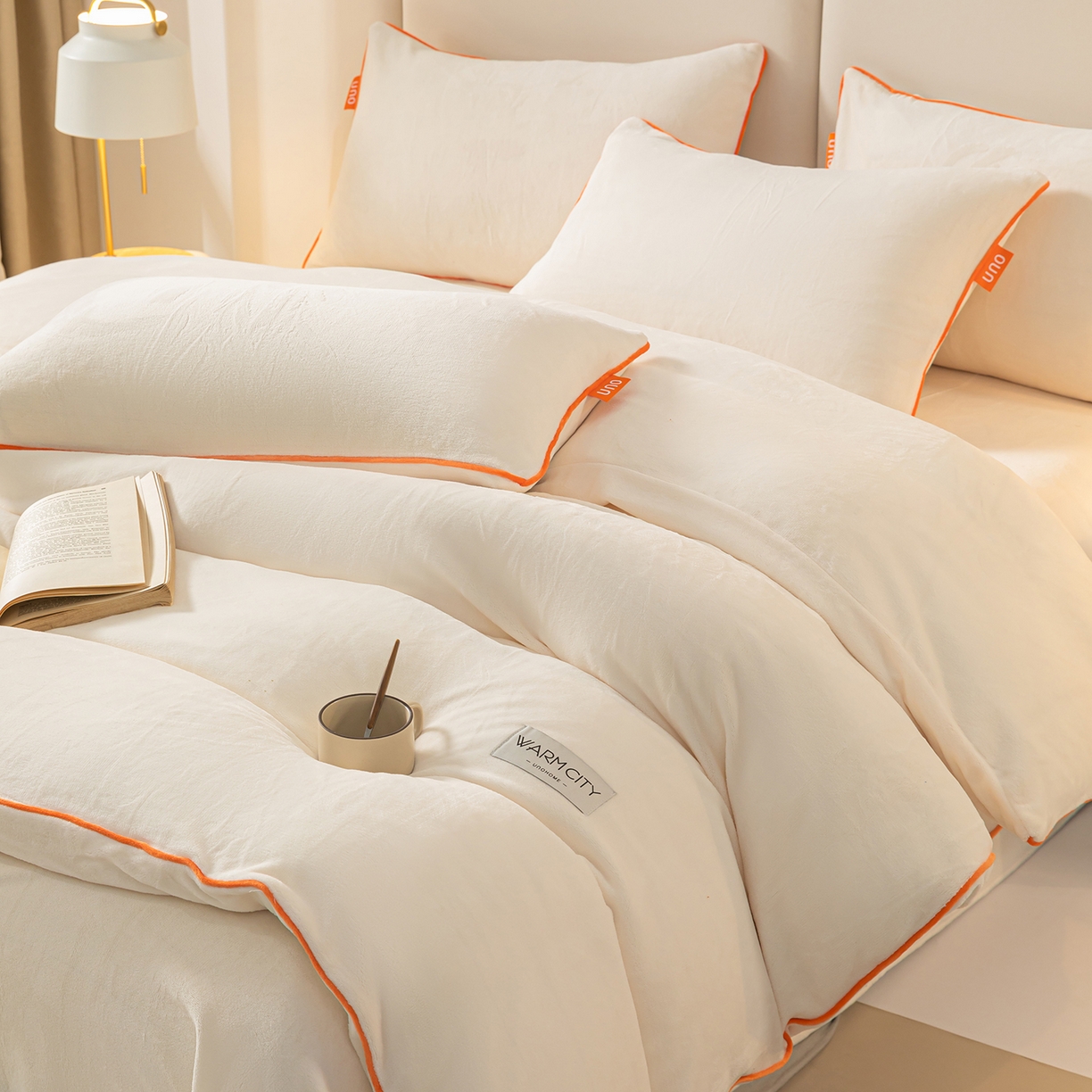 绒城 2025秋冬新款简约撞色边滚绳牛奶绒四件套-浅爱 浅爱-象牙白