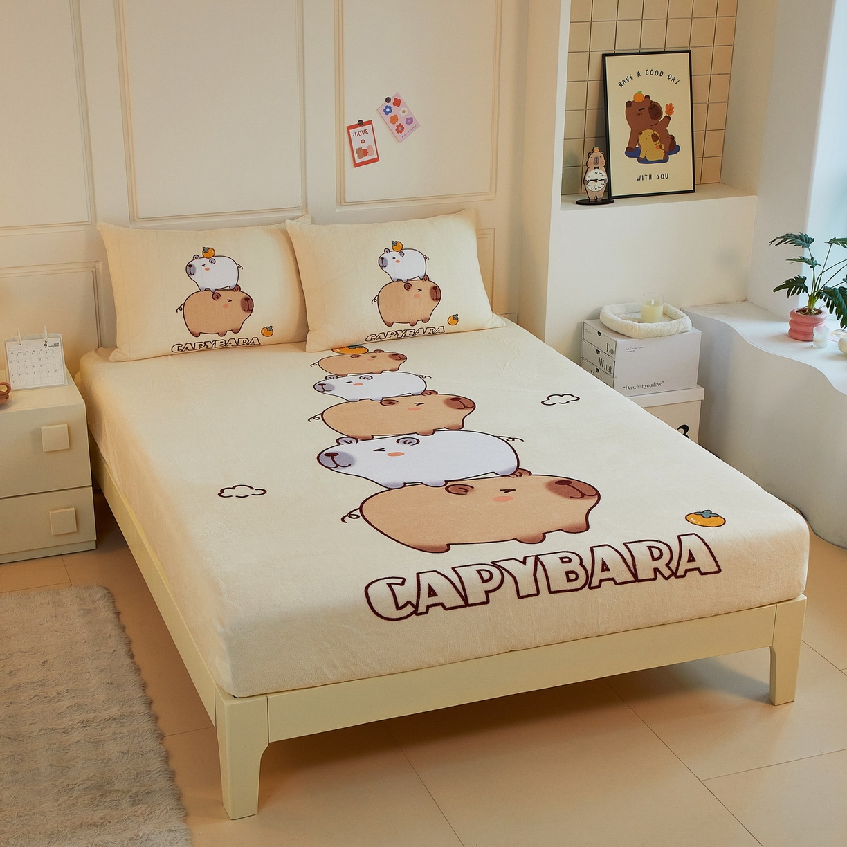 91家纺网 家纺一手货源 找家纺 （总）蘭菲家纺 2025新款保暖舒适卡皮巴拉牛奶绒系列单品床笠