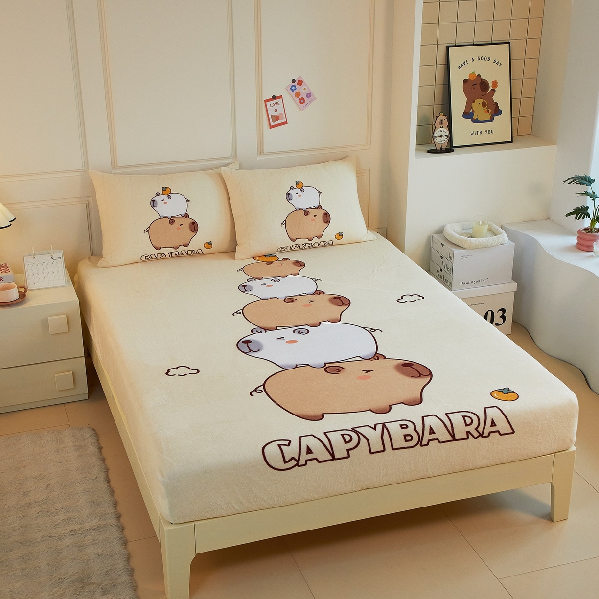 91家纺网 家纺一手货源 找家纺 （总）蘭菲家纺 2025新款保暖舒适卡皮巴拉牛奶绒系列单品床笠