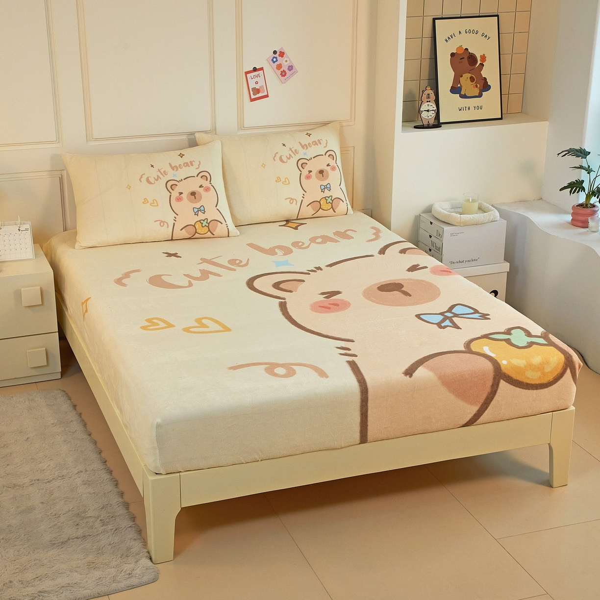 91家纺网 家纺一手货源 找家纺 蘭菲家纺 2025新款保暖舒适卡皮巴拉牛奶绒系列单品床笠 大美豚