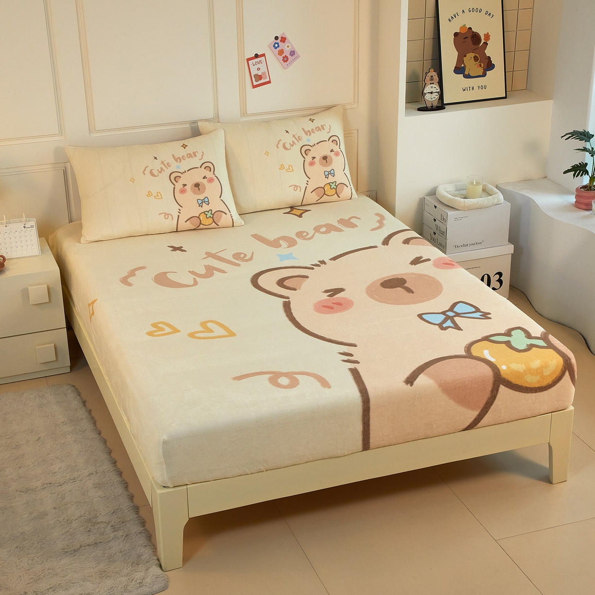 91家纺网 家纺一手货源 找家纺 蘭菲家纺 2025新款保暖舒适卡皮巴拉牛奶绒系列单品床笠 大美豚