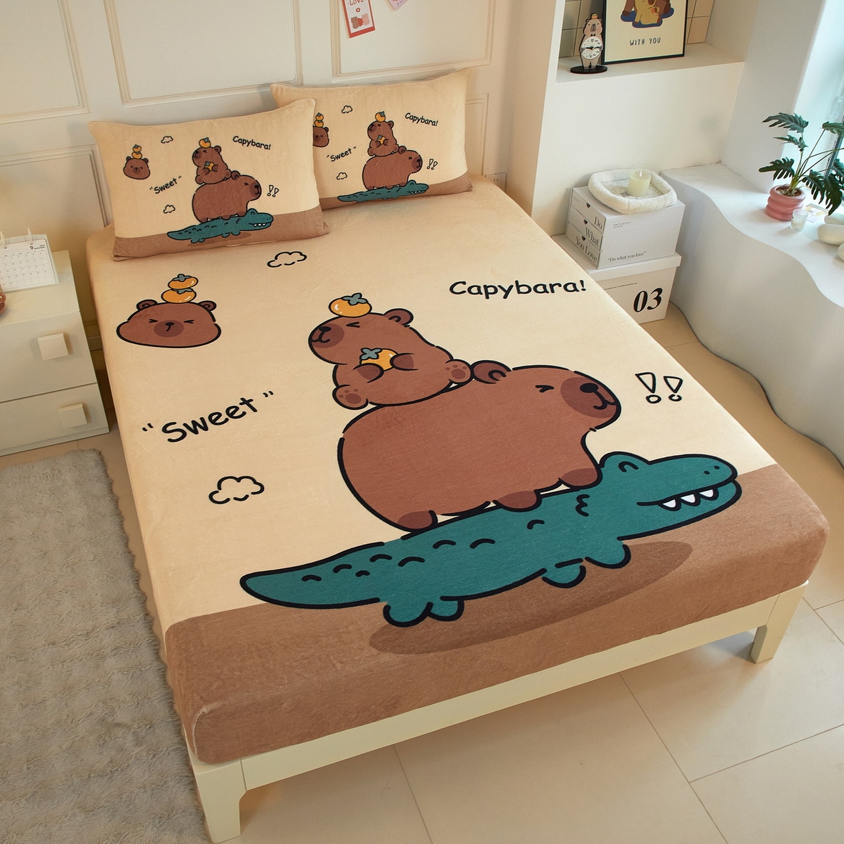 91家纺网 家纺一手货源 找家纺 蘭菲家纺 2025新款保暖舒适卡皮巴拉牛奶绒系列单品床笠 征服拉