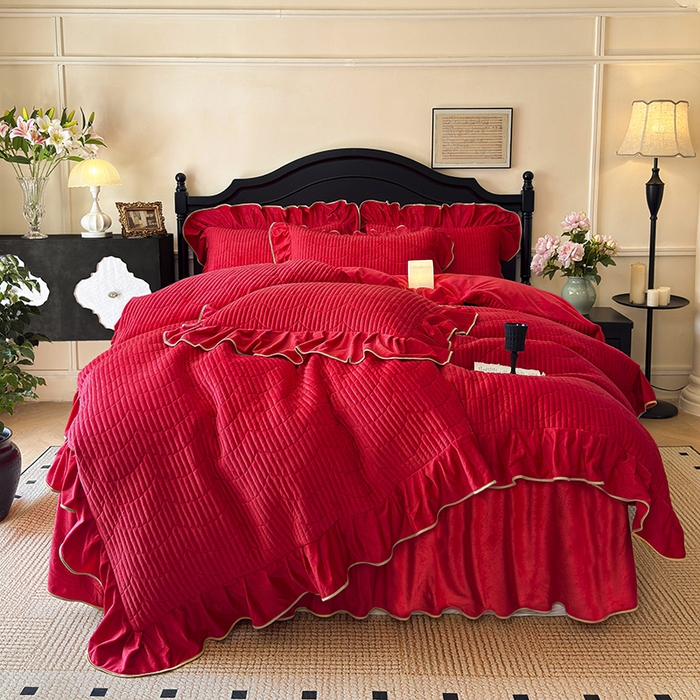 宜凡家纺 2025新款婴儿绒压花全夹棉床裙四件套 韵雅-中国红