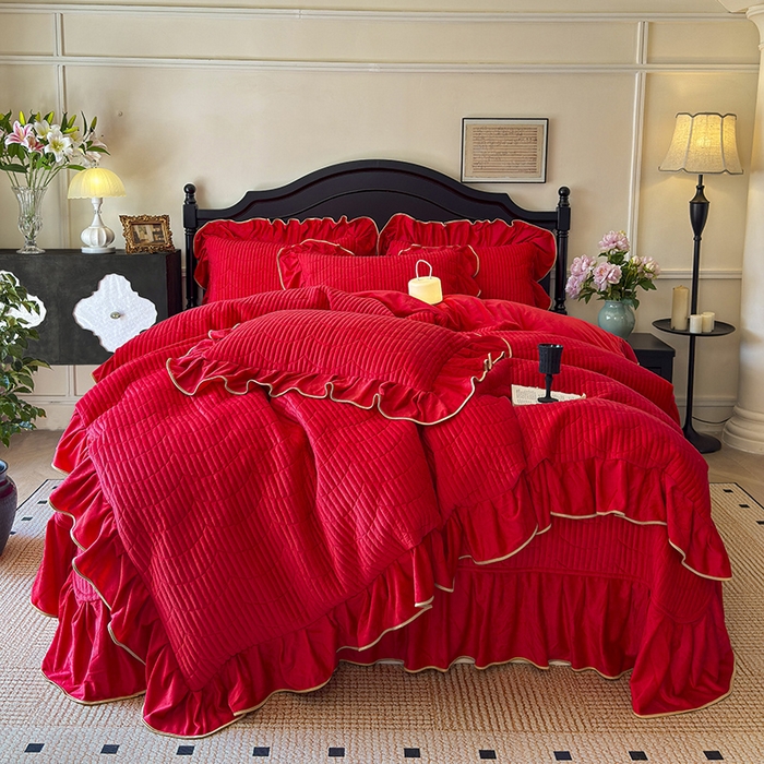 宜凡家纺 2025新款婴儿绒压花全夹棉床盖四件套 韵雅-中国红