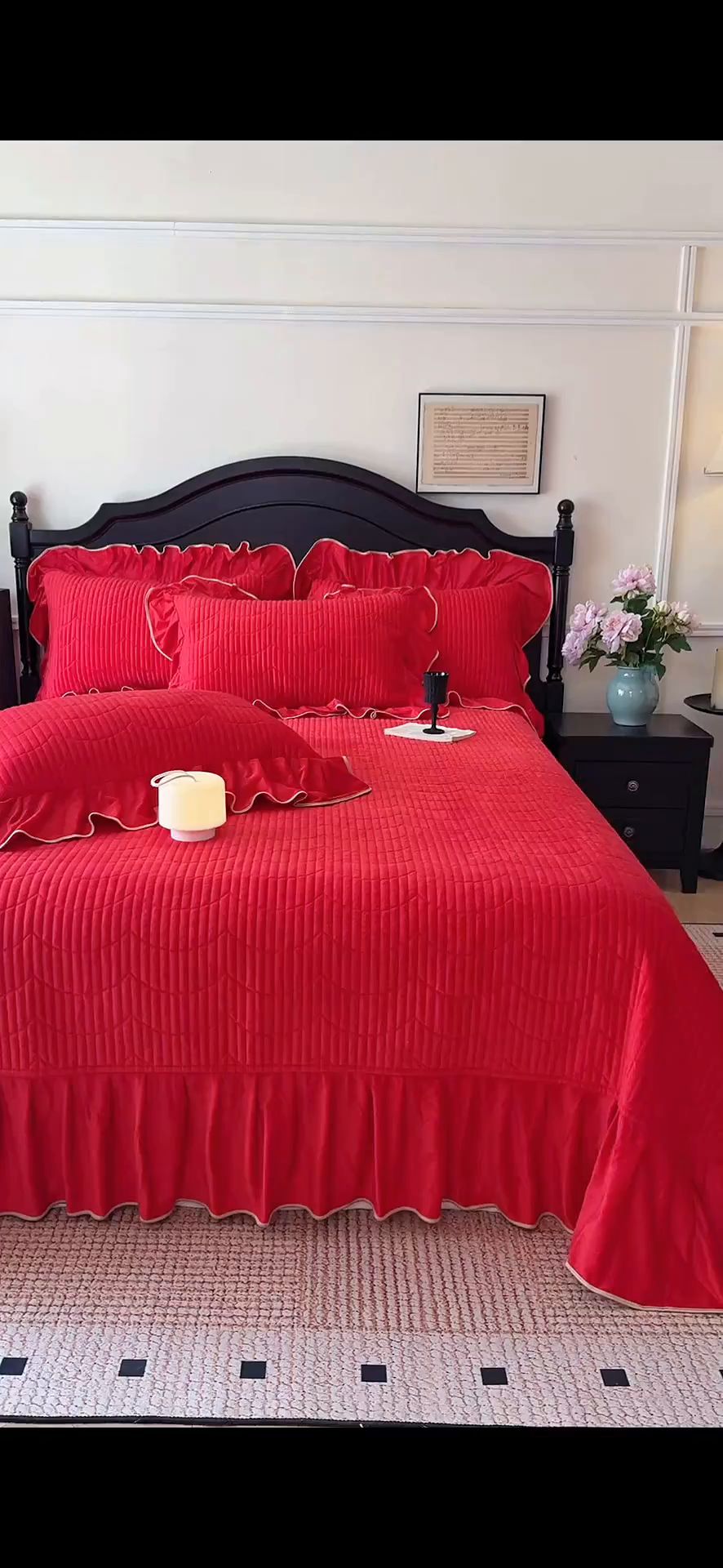 91家纺网 家纺一手货源 找家纺 宜凡家纺 2025新款婴儿绒压花全夹棉床盖四件套 韵雅-中国红