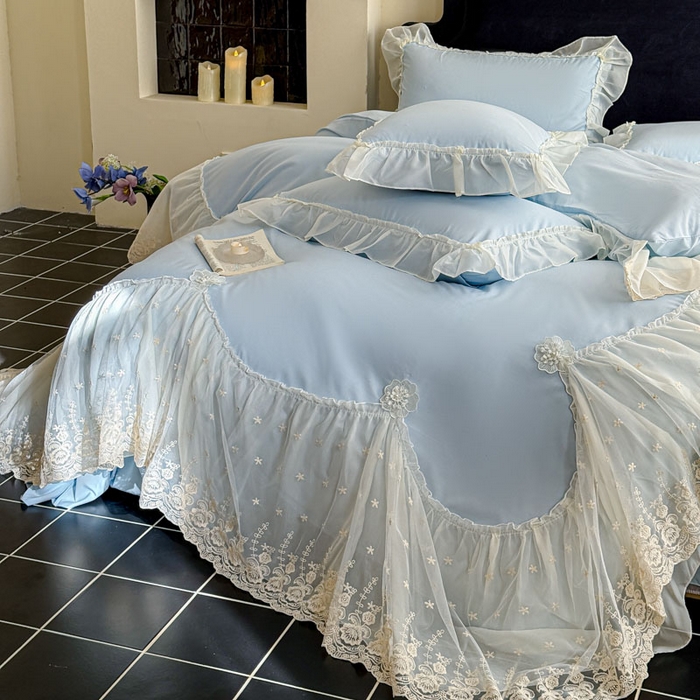 91家纺网 家纺一手货源 找家纺 艺玲家纺 2025新款棉小棉法式公主风仙仙子系列四件套 仙仙子蓝