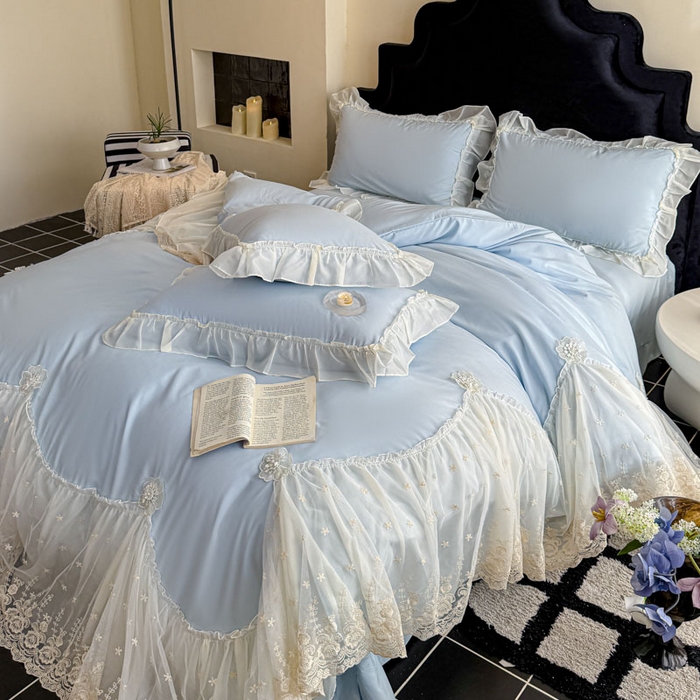 91家纺网 家纺一手货源 找家纺 艺玲家纺 2025新款棉小棉法式公主风仙仙子系列四件套 仙仙子蓝