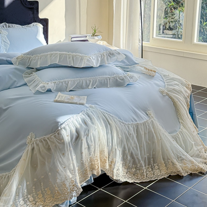 91家纺网 家纺一手货源 找家纺 艺玲家纺 2025新款棉小棉法式公主风仙仙子系列四件套 仙仙子蓝