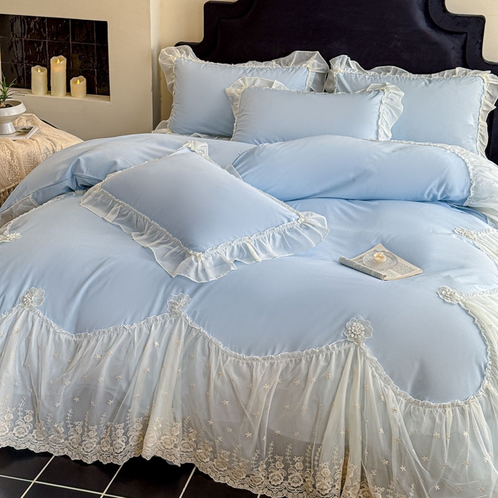 91家纺网 家纺一手货源 找家纺 艺玲家纺 2025新款棉小棉法式公主风仙仙子系列四件套 仙仙子蓝