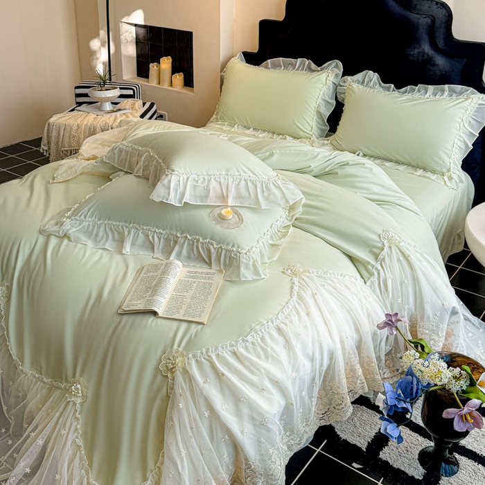 91家纺网 家纺一手货源 找家纺 艺玲家纺 2025新款棉小棉法式公主风仙仙子系列四件套 仙仙子绿