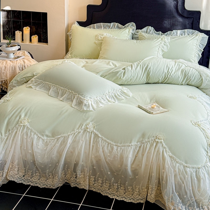 91家纺网 家纺一手货源 找家纺 艺玲家纺 2025新款棉小棉法式公主风仙仙子系列四件套 仙仙子绿