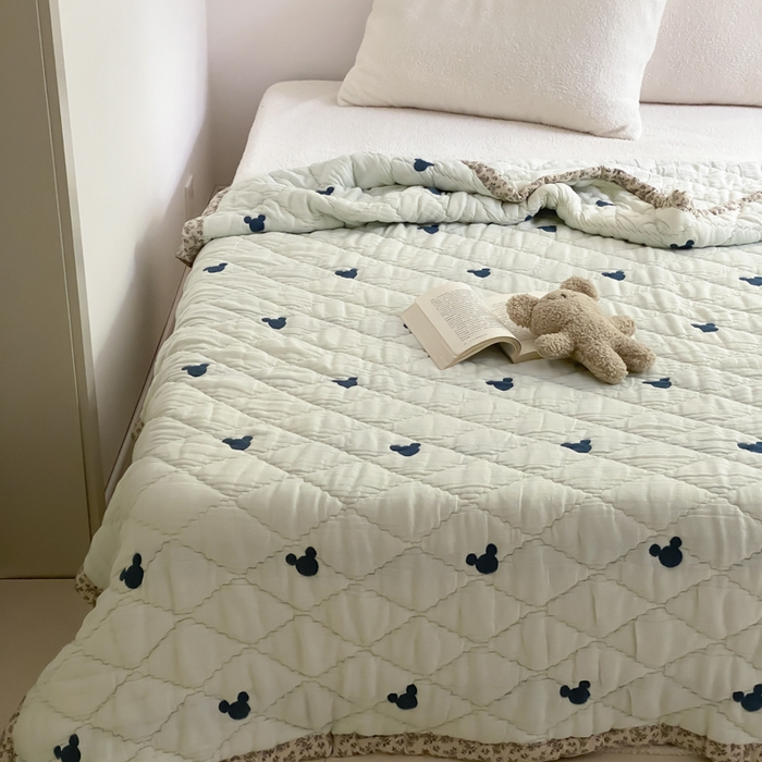 91家纺网 家纺一手货源 找家纺 麻依 2025新款韩国泡芙被十层全棉纱布被子被芯 蓝色米奇