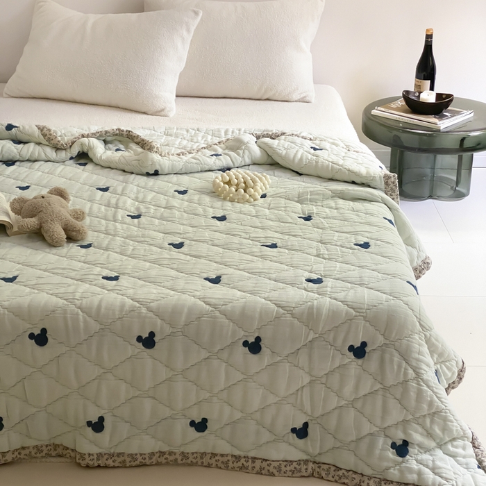 91家纺网 家纺一手货源 找家纺 麻依 2025新款韩国泡芙被十层全棉纱布被子被芯 蓝色米奇