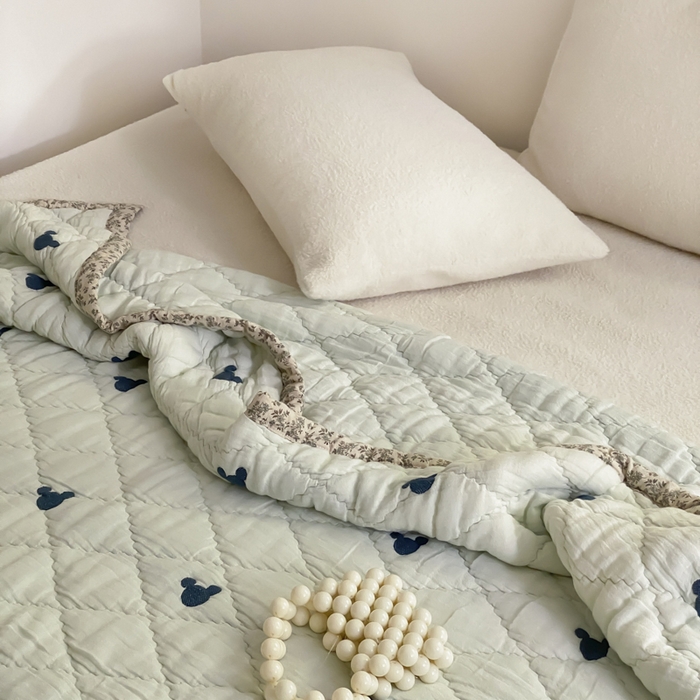 91家纺网 家纺一手货源 找家纺 麻依 2025新款韩国泡芙被十层全棉纱布被子被芯 蓝色米奇