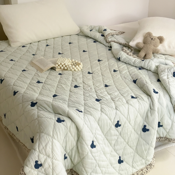 91家纺网 家纺一手货源 找家纺 麻依 2025新款韩国泡芙被十层全棉纱布被子被芯 蓝色米奇