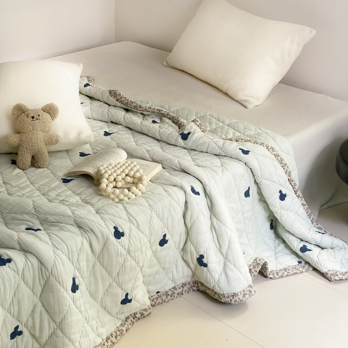 91家纺网 家纺一手货源 找家纺 麻依 2025新款韩国泡芙被十层全棉纱布被子被芯 蓝色米奇