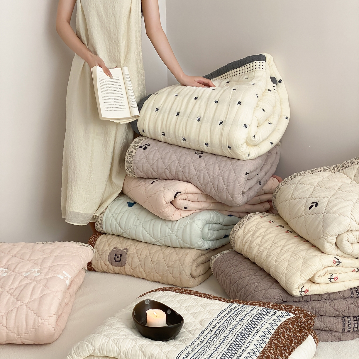 91家纺网 家纺一手货源 找家纺 麻依 2025新款韩国泡芙被十层全棉纱布被子被芯 组合图