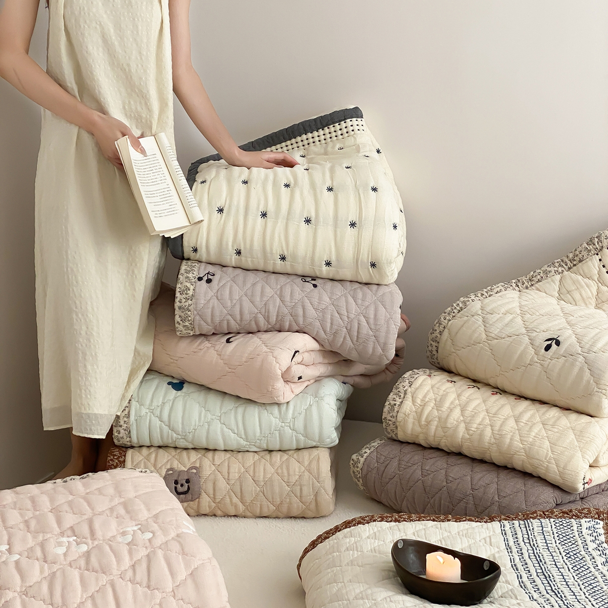 91家纺网 家纺一手货源 找家纺 麻依 2025新款韩国泡芙被十层全棉纱布被子被芯 组合图