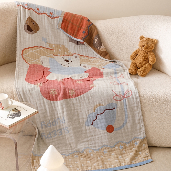 91家纺网 家纺一手货源 找家纺 麻依 2025新款全棉四层纱布浴巾披肩旅行毯 摆烂小熊