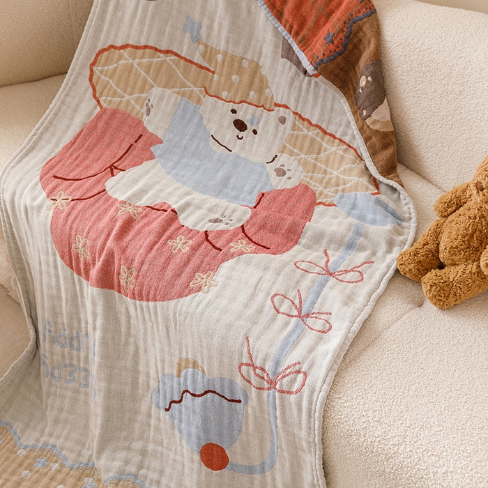 91家纺网 家纺一手货源 找家纺 麻依 2025新款全棉四层纱布浴巾披肩旅行毯 摆烂小熊