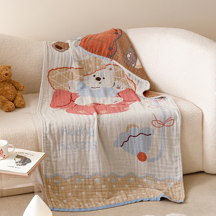 91家纺网 家纺一手货源 找家纺 麻依 2025新款全棉四层纱布浴巾披肩旅行毯 摆烂小熊