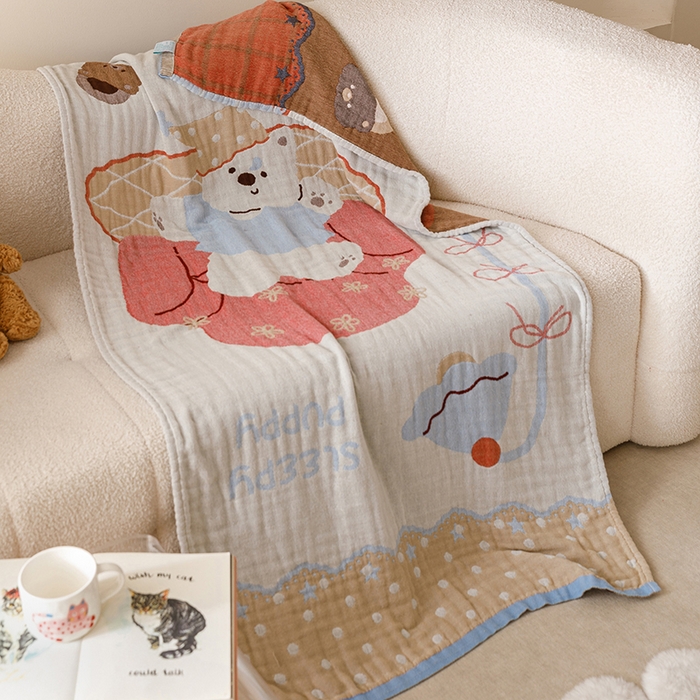 91家纺网 家纺一手货源 找家纺 麻依 2025新款全棉四层纱布浴巾披肩旅行毯 摆烂小熊