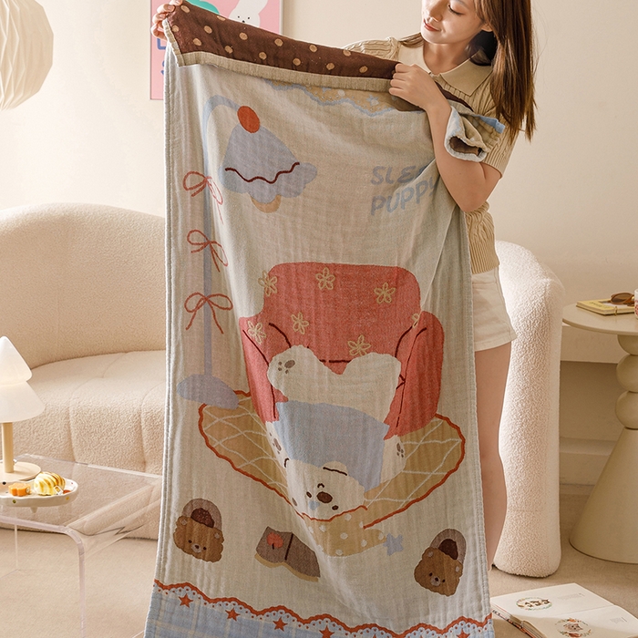 91家纺网 家纺一手货源 找家纺 麻依 2025新款全棉四层纱布浴巾披肩旅行毯 摆烂小熊