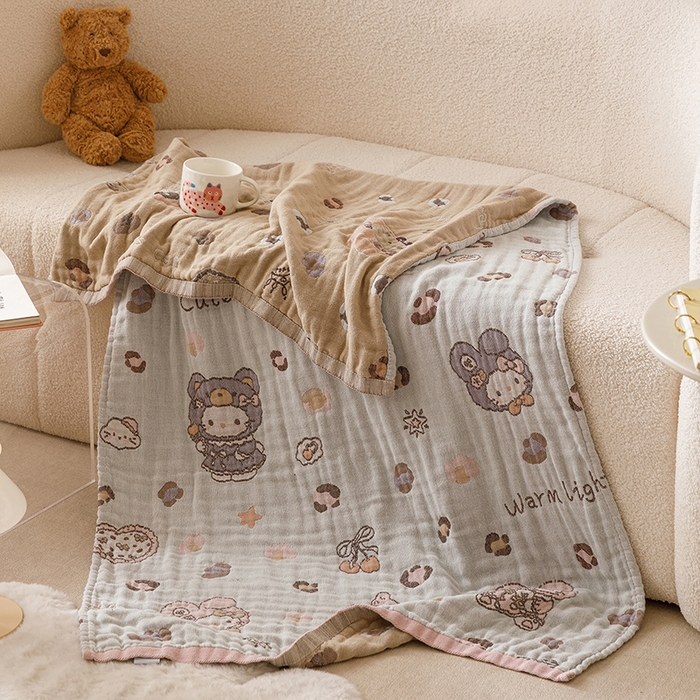 91家纺网 家纺一手货源 找家纺 麻依 2025新款全棉四层纱布浴巾披肩旅行毯 豹纹小猫