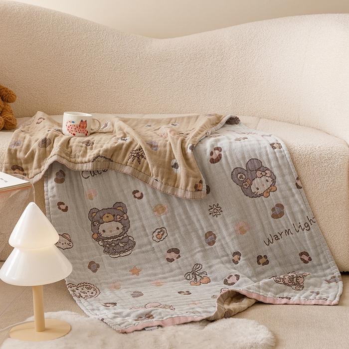 91家纺网 家纺一手货源 找家纺 麻依 2025新款全棉四层纱布浴巾披肩旅行毯 豹纹小猫