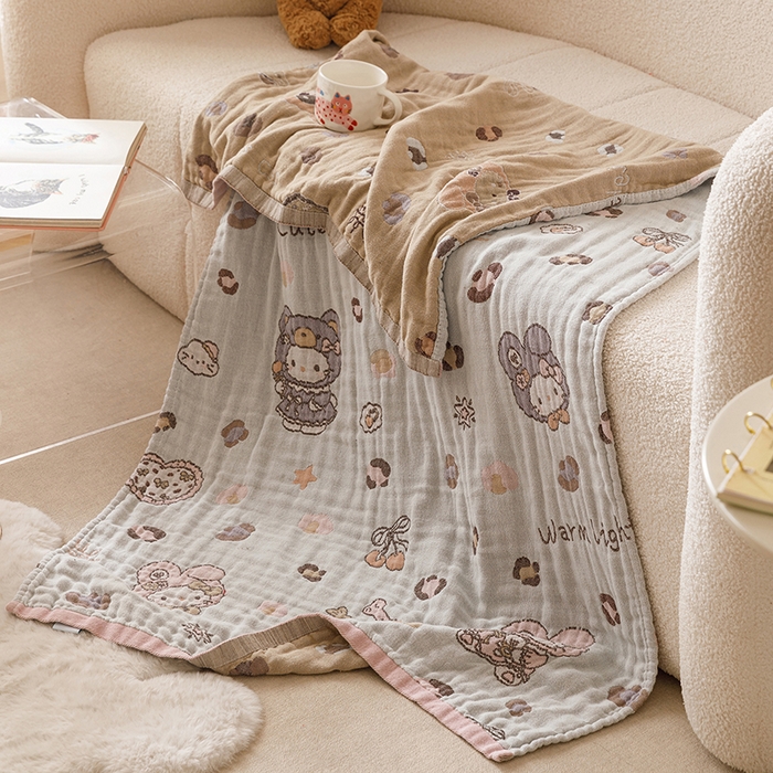 91家纺网 家纺一手货源 找家纺 麻依 2025新款全棉四层纱布浴巾披肩旅行毯 豹纹小猫