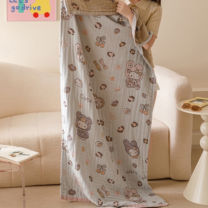 91家纺网 家纺一手货源 找家纺 麻依 2025新款全棉四层纱布浴巾披肩旅行毯 豹纹小猫