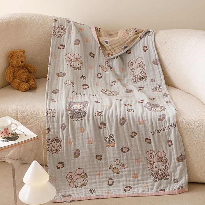 91家纺网 家纺一手货源 找家纺 麻依 2025新款全棉四层纱布浴巾披肩旅行毯 豹纹小猫