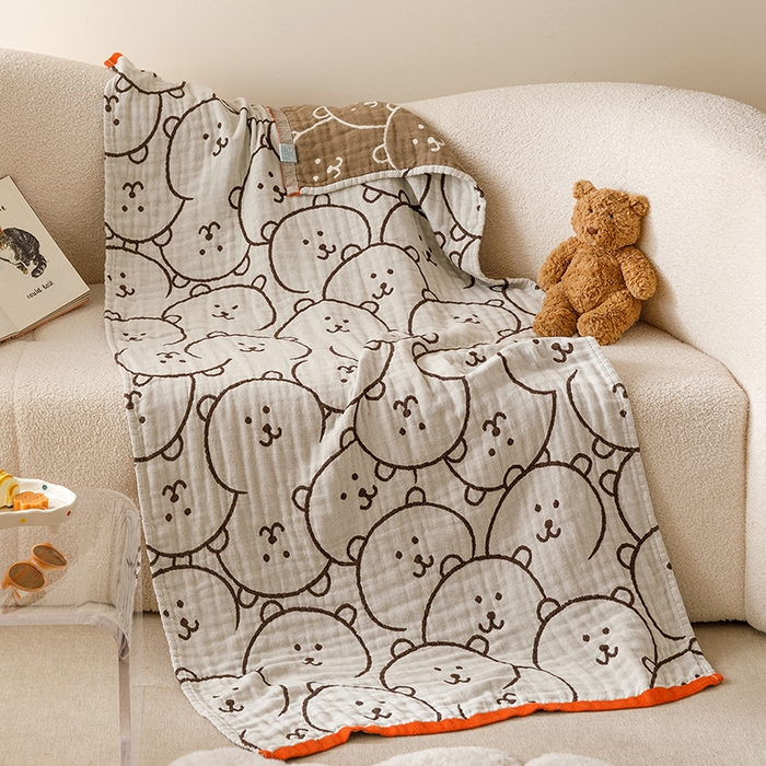 91家纺网 家纺一手货源 找家纺 麻依 2025新款全棉四层纱布浴巾披肩旅行毯 怪怪熊