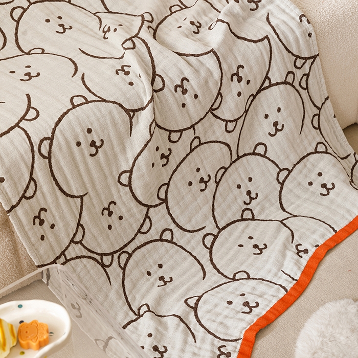 91家纺网 家纺一手货源 找家纺 麻依 2025新款全棉四层纱布浴巾披肩旅行毯 怪怪熊