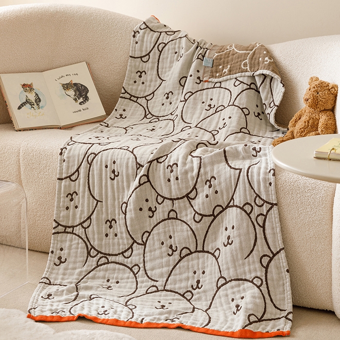 91家纺网 家纺一手货源 找家纺 麻依 2025新款全棉四层纱布浴巾披肩旅行毯 怪怪熊