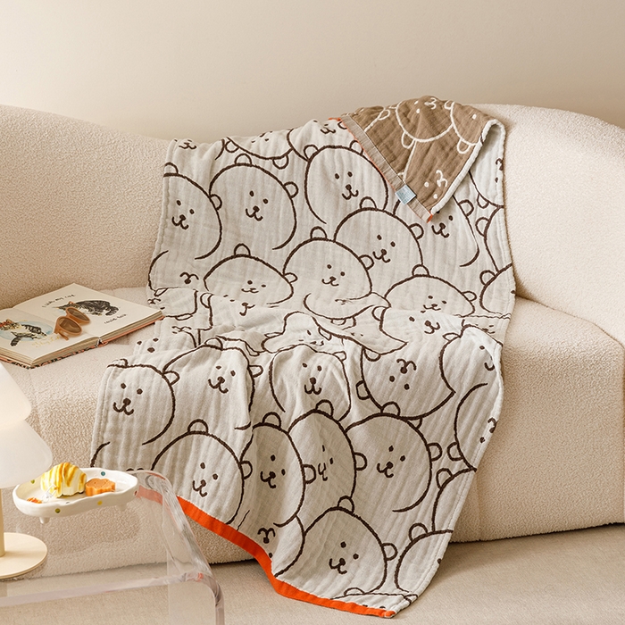 91家纺网 家纺一手货源 找家纺 麻依 2025新款全棉四层纱布浴巾披肩旅行毯 怪怪熊