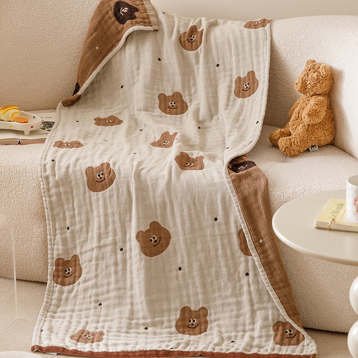 91家纺网 家纺一手货源 找家纺 麻依 2025新款全棉四层纱布浴巾披肩旅行毯 幻想熊