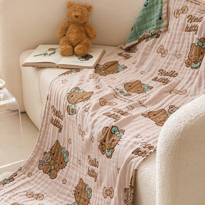 91家纺网 家纺一手货源 找家纺 麻依 2025新款全棉四层纱布浴巾披肩旅行毯 咖啡猫