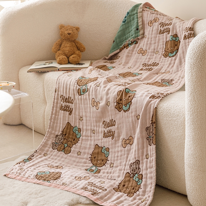 91家纺网 家纺一手货源 找家纺 麻依 2025新款全棉四层纱布浴巾披肩旅行毯 咖啡猫