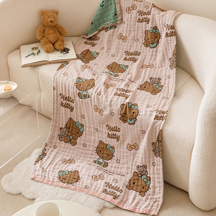 91家纺网 家纺一手货源 找家纺 麻依 2025新款全棉四层纱布浴巾披肩旅行毯 咖啡猫