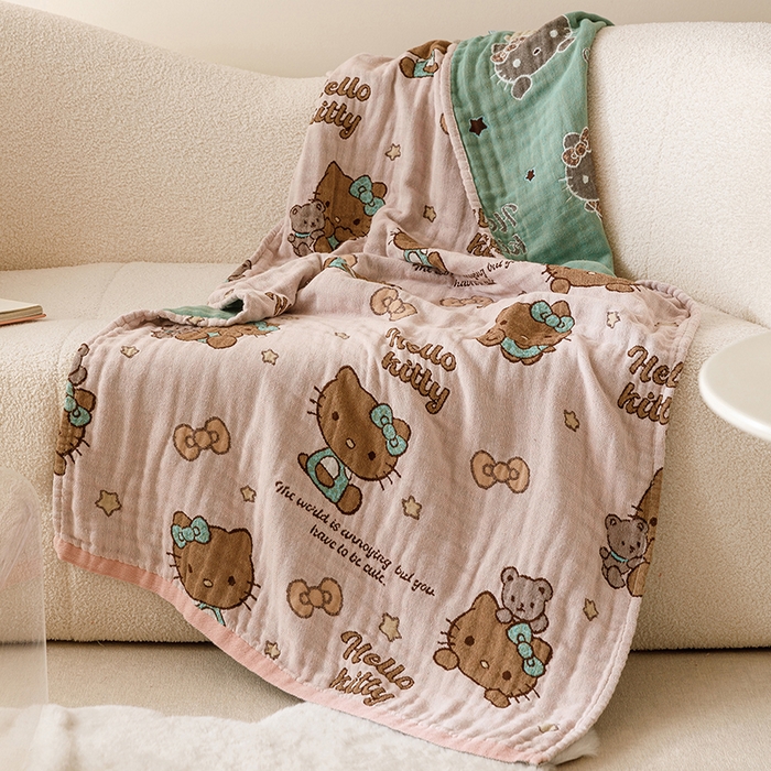 91家纺网 家纺一手货源 找家纺 麻依 2025新款全棉四层纱布浴巾披肩旅行毯 咖啡猫