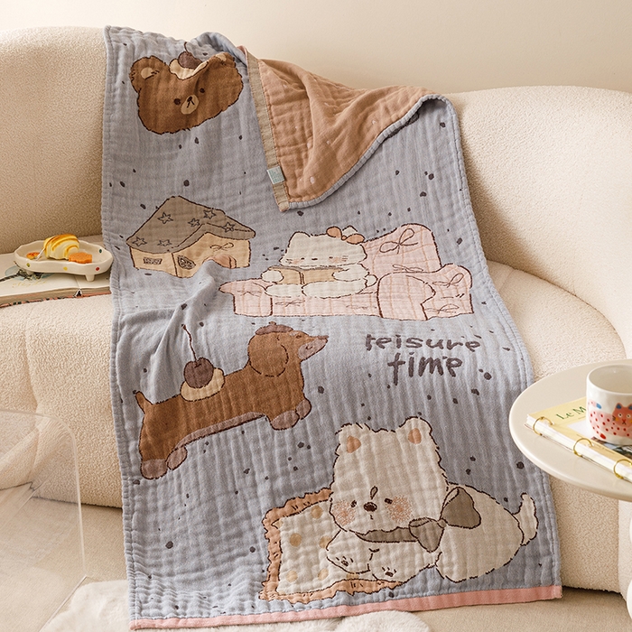 麻依 2025新款全棉四层纱布浴巾披肩旅行毯 瞌睡狗狗