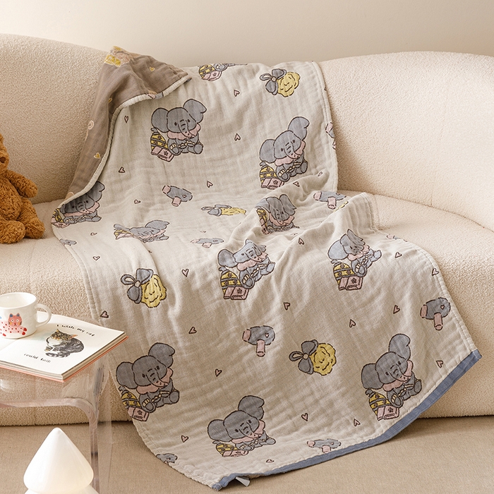 91家纺网 家纺一手货源 找家纺 麻依 2025新款全棉四层纱布浴巾披肩旅行毯 沐浴小象