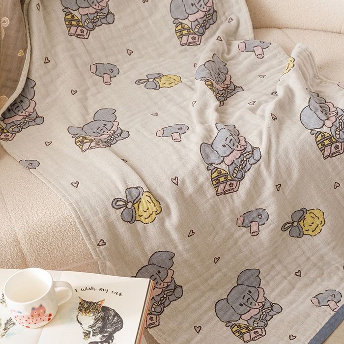 91家纺网 家纺一手货源 找家纺 麻依 2025新款全棉四层纱布浴巾披肩旅行毯 沐浴小象