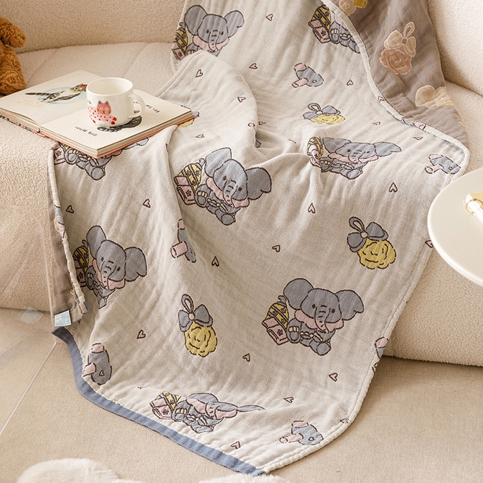 91家纺网 家纺一手货源 找家纺 麻依 2025新款全棉四层纱布浴巾披肩旅行毯 沐浴小象