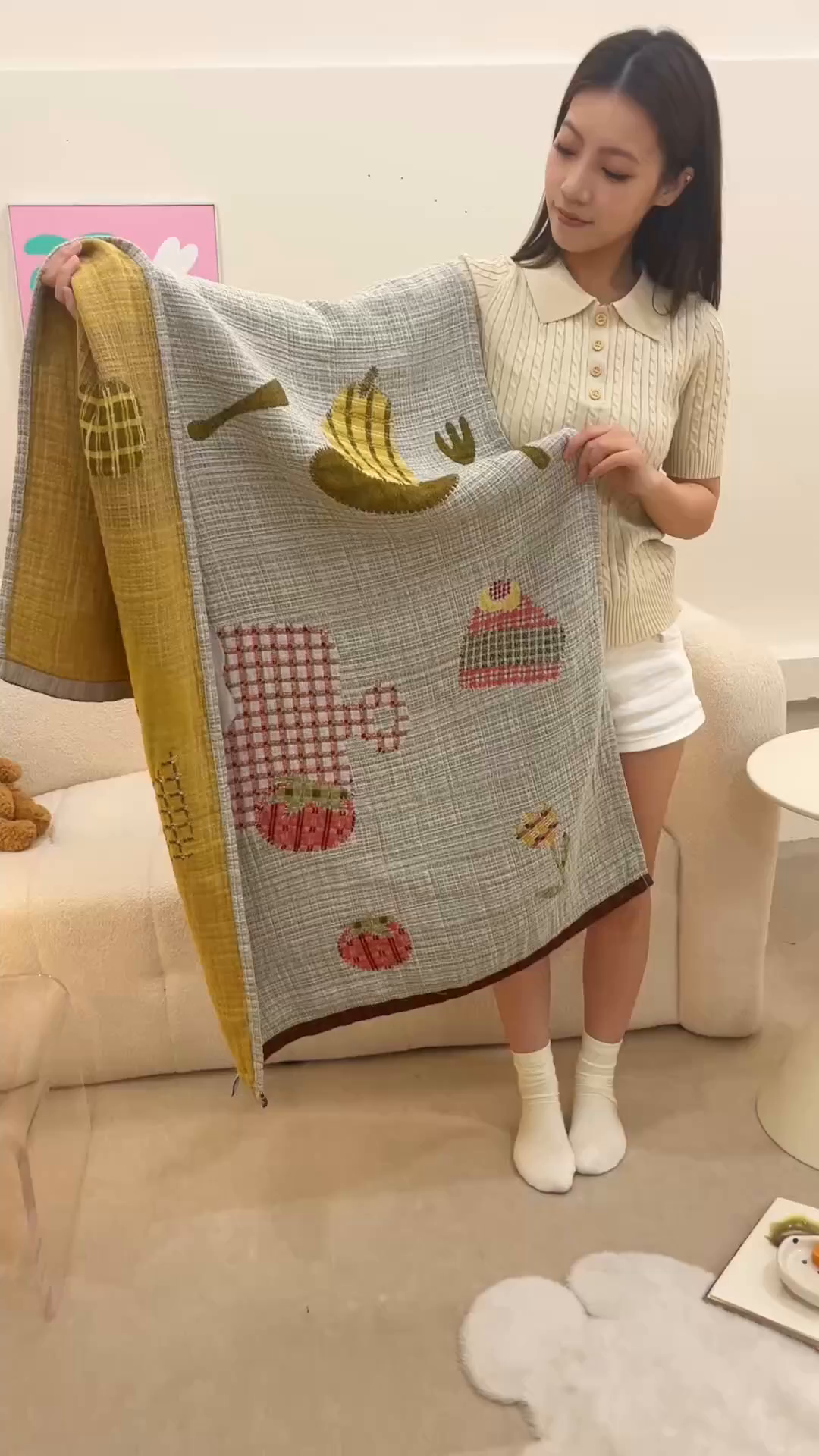 91家纺网 家纺一手货源 找家纺 麻依 2025新款全棉四层纱布浴巾披肩旅行毯 甜品派对