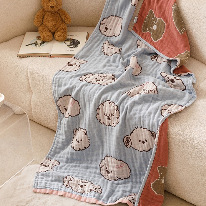 91家纺网 家纺一手货源 找家纺 麻依 2025新款全棉四层纱布浴巾披肩旅行毯 线条狗狗