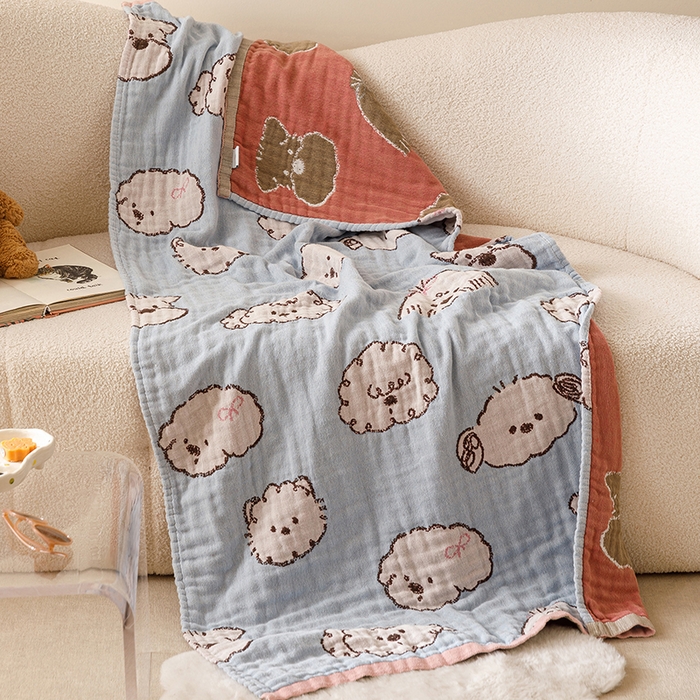 91家纺网 家纺一手货源 找家纺 麻依 2025新款全棉四层纱布浴巾披肩旅行毯 线条狗狗