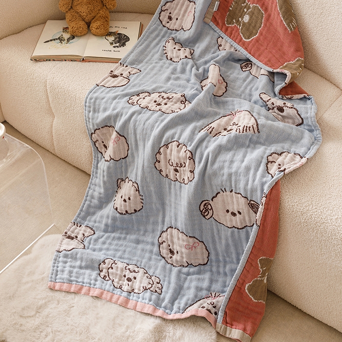 91家纺网 家纺一手货源 找家纺 麻依 2025新款全棉四层纱布浴巾披肩旅行毯 线条狗狗