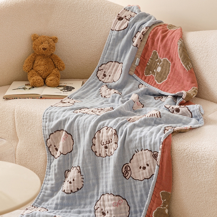 91家纺网 家纺一手货源 找家纺 麻依 2025新款全棉四层纱布浴巾披肩旅行毯 线条狗狗